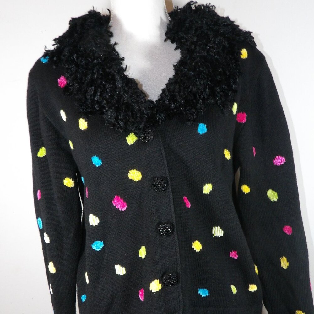 Vintage Berek Sweater Women's L Black Embellished Cardigan Colorful Dots - Picture 2 of 3